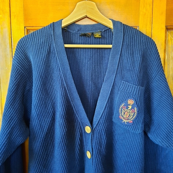Vintage Liz Sport 100% Cotton Navy Blue Ribbed Knit Preppy Cardigan Sweater - Picture 2 of 9